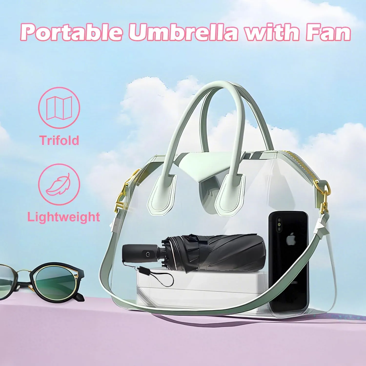 Uv Umbrellas for Sun Protection with Fan, Cooling Umbrella with Fan,Portable and Rechargeable, Travel Pocket Summer Umbrella for Sun or Rain, Pink
