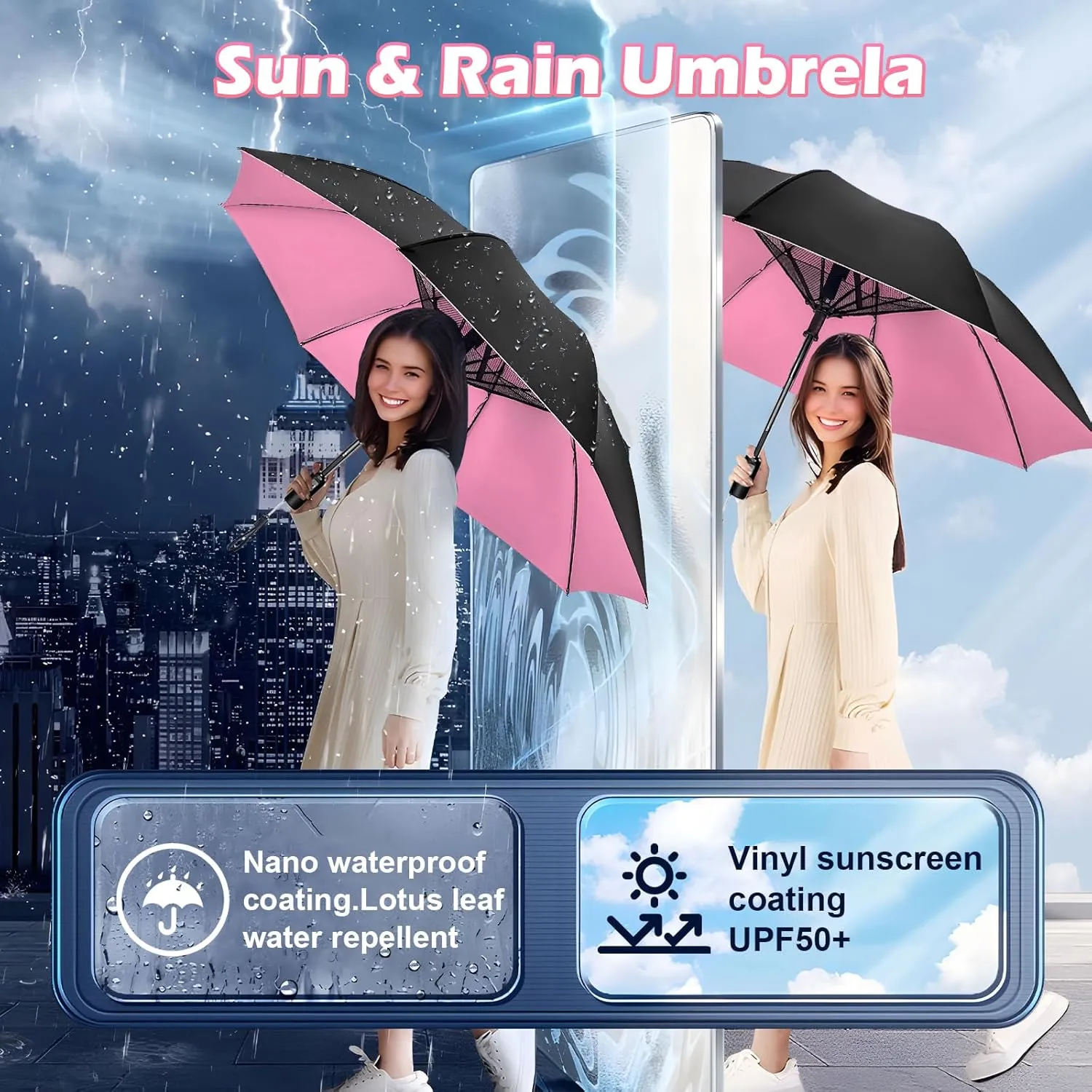 Uv Umbrellas for Sun Protection with Fan, Cooling Umbrella with Fan,Portable and Rechargeable, Travel Pocket Summer Umbrella for Sun or Rain, Pink