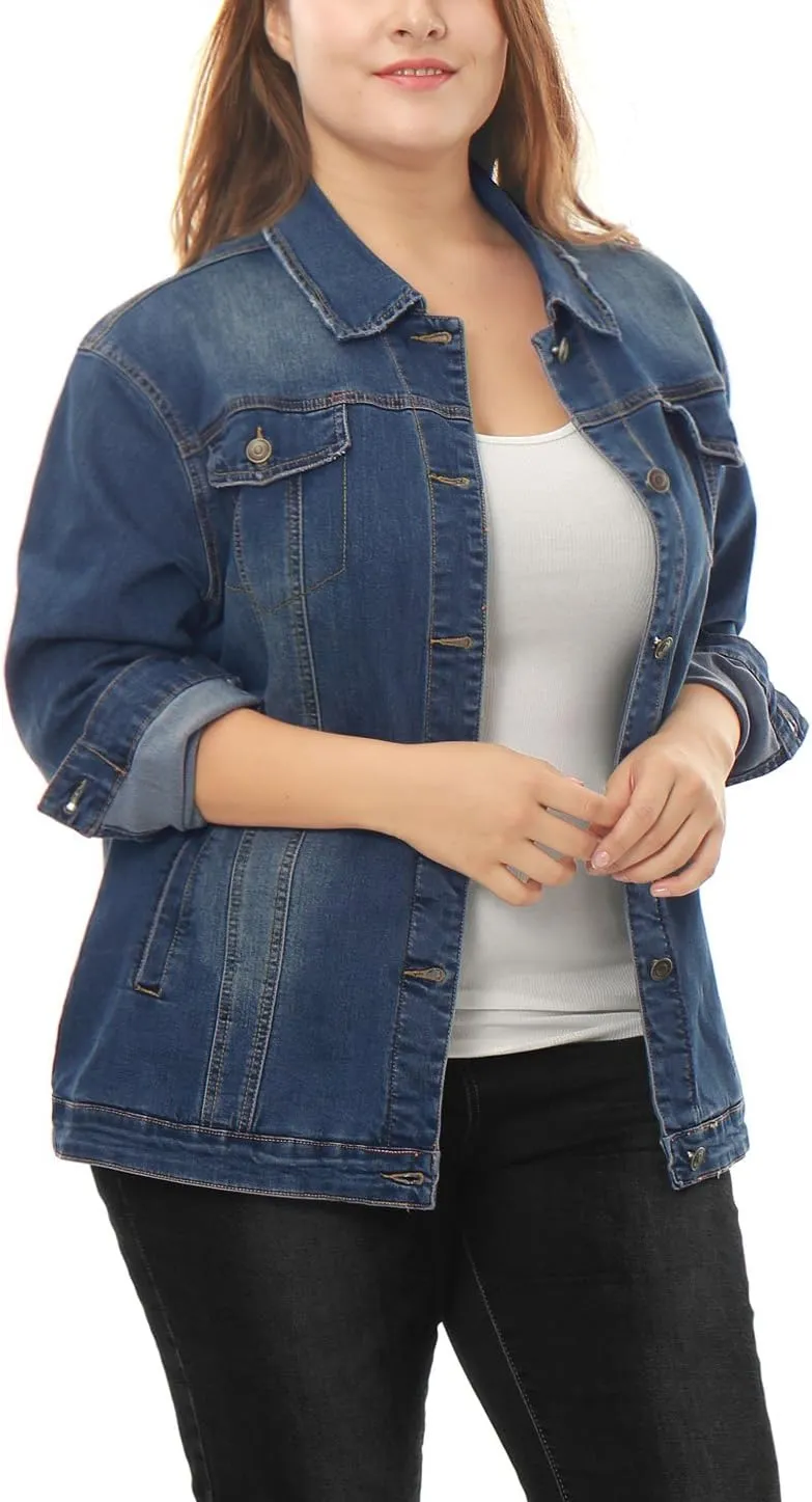 uxcell Women's Plus Size Jean Jacket Stitching Button Front Washed Western Outfit Denim Jacket