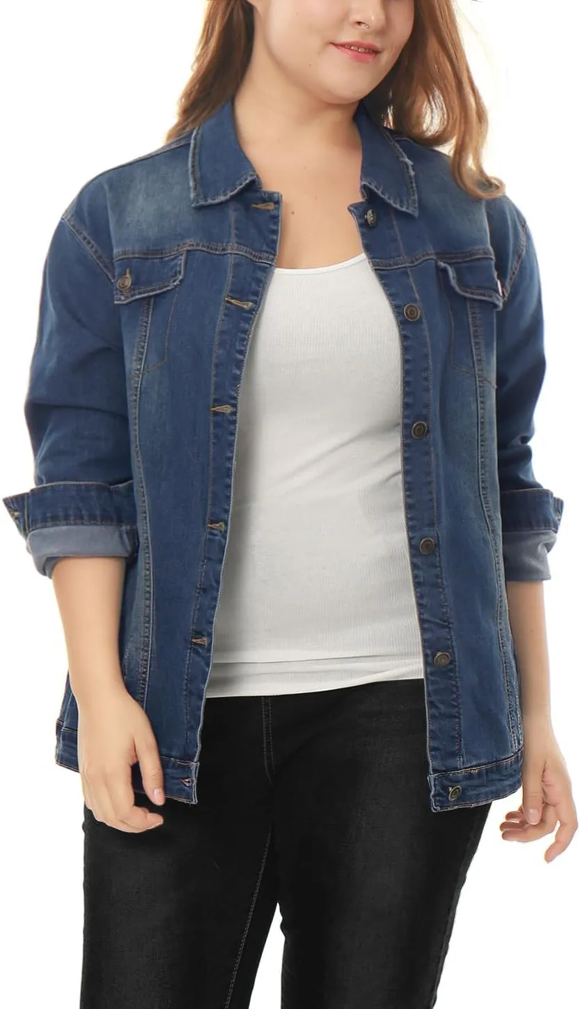 uxcell Women's Plus Size Jean Jacket Stitching Button Front Washed Western Outfit Denim Jacket