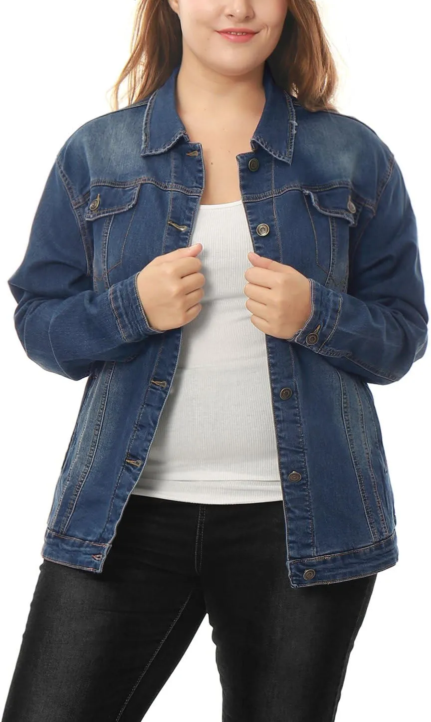 uxcell Women's Plus Size Jean Jacket Stitching Button Front Washed Western Outfit Denim Jacket