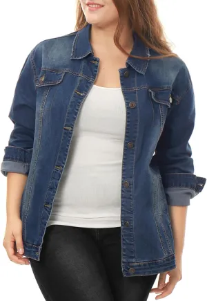uxcell Women's Plus Size Jean Jacket Stitching Button Front Washed Western Outfit Denim Jacket