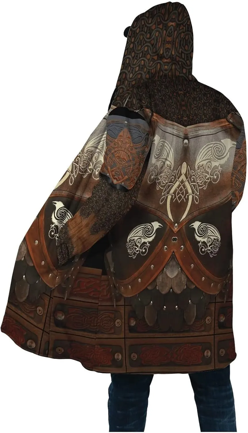 Valhalla Mens Jackets Winter,3D Print Viking Mythology Tattoo, Thickened Warm Faux Cashmere Coat, Parka Hooded Cloak