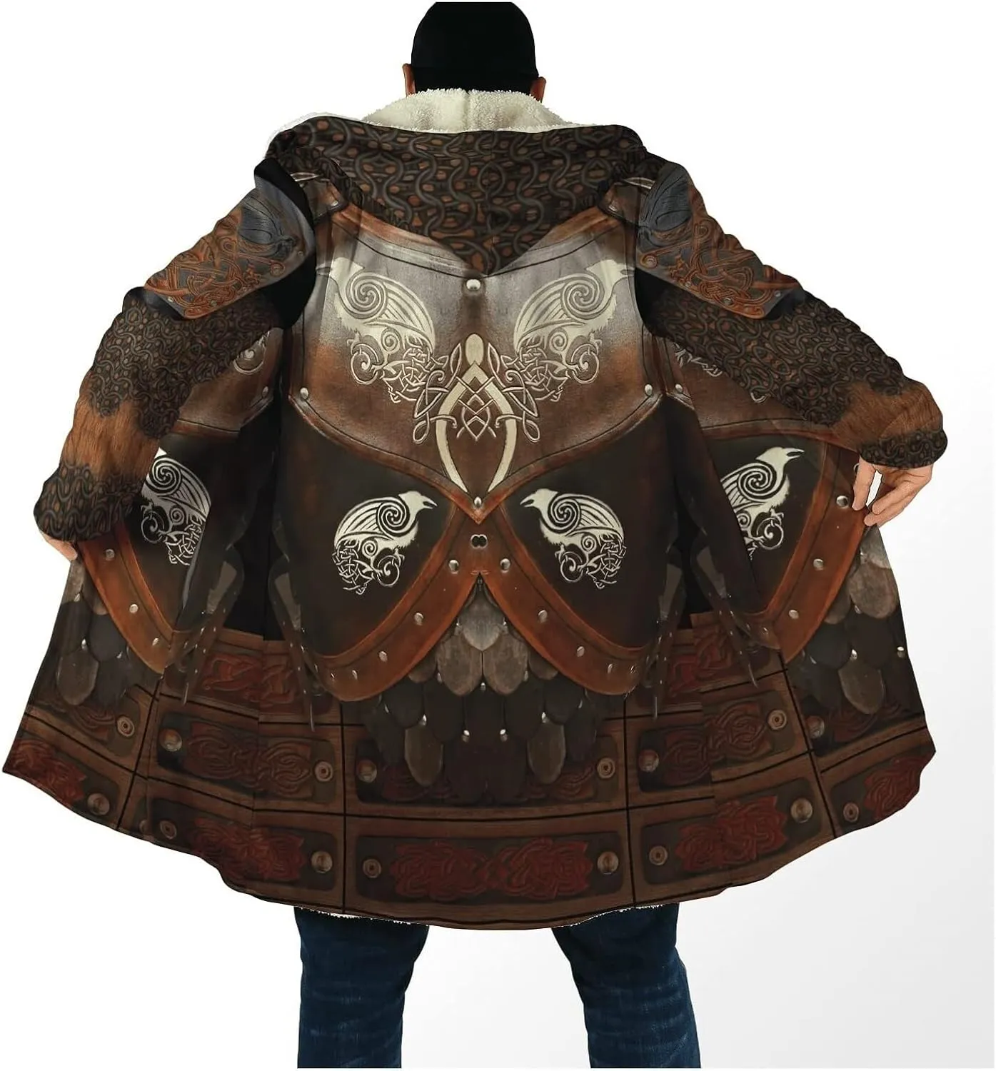 Valhalla Mens Jackets Winter,3D Print Viking Mythology Tattoo, Thickened Warm Faux Cashmere Coat, Parka Hooded Cloak