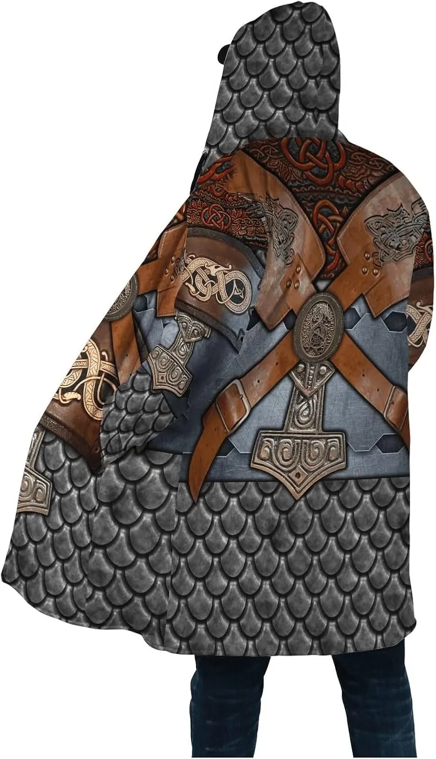 Valhalla Mens Jackets Winter,3D Print Viking Mythology Tattoo, Thickened Warm Faux Cashmere Coat, Parka Hooded Cloak