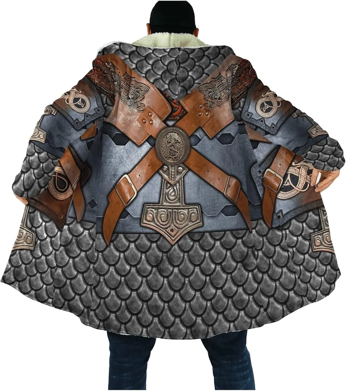 Valhalla Mens Jackets Winter,3D Print Viking Mythology Tattoo, Thickened Warm Faux Cashmere Coat, Parka Hooded Cloak