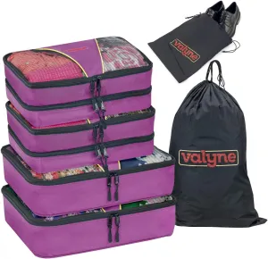 Valyne Mesh Nylon 6-pcs Packing Cubes Set, Travel Accessories Luggage Organizer Bags with Laundry Shoe Bag (Medium Packs Double Compartment) (Purple)