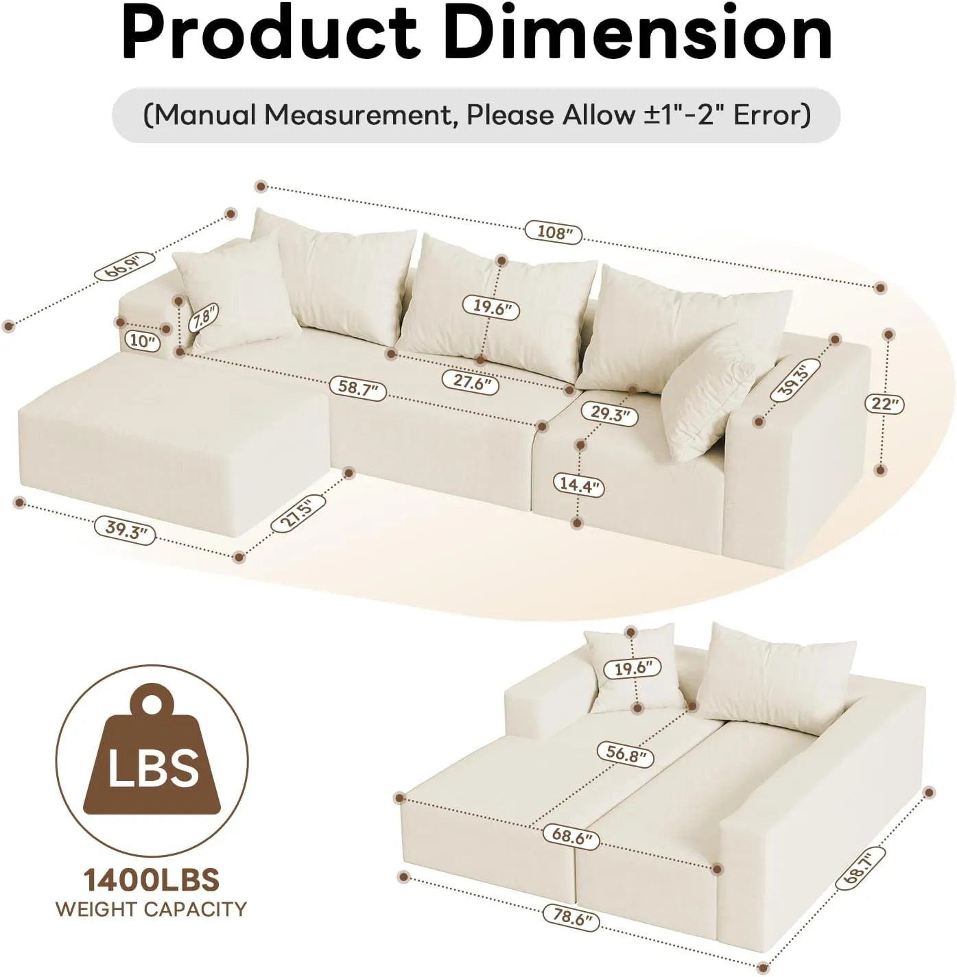 Vamcheer Modular Sectional Sofa with Chaise, Modern L Shaped Cloud Couch with Deep Seat, Sectional Couches for Living Room, Bedroom, Office, No Assembly Required, Cream