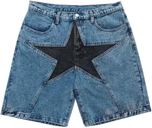 Vamtac Mens Patchwork Denim Shorts Straight Leg Star Jeans Unisex Steetwear Y2K Hip Hop Jorts for Women
