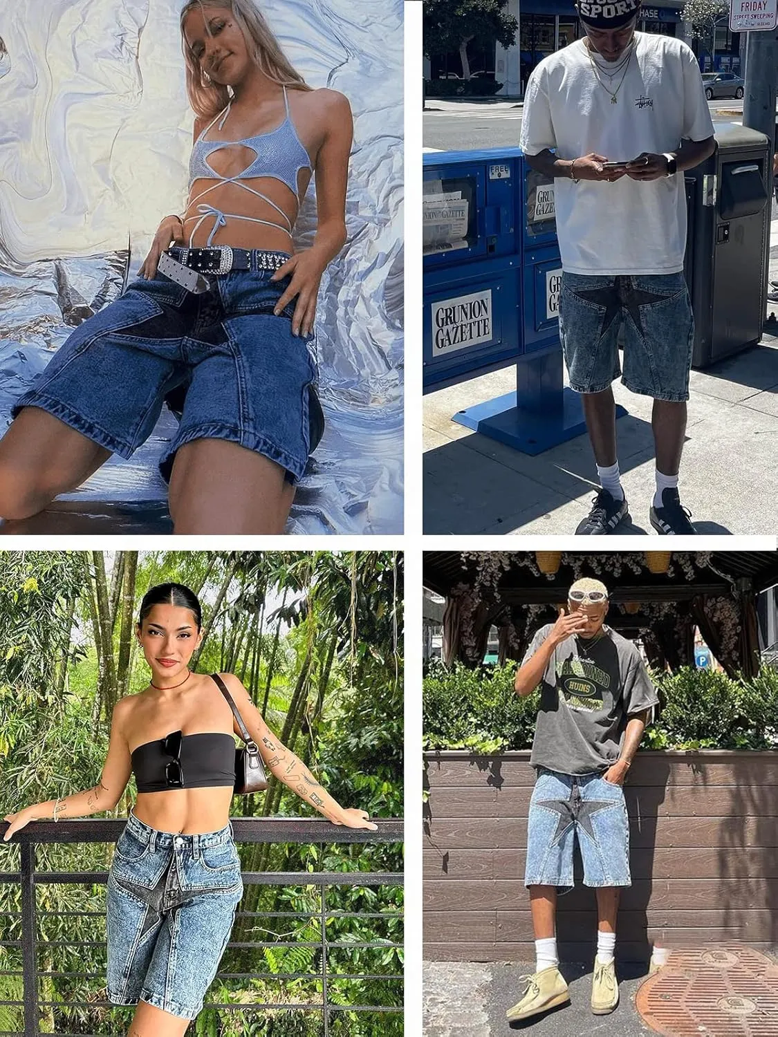 Vamtac Mens Patchwork Denim Shorts Straight Leg Star Jeans Unisex Steetwear Y2K Hip Hop Jorts for Women