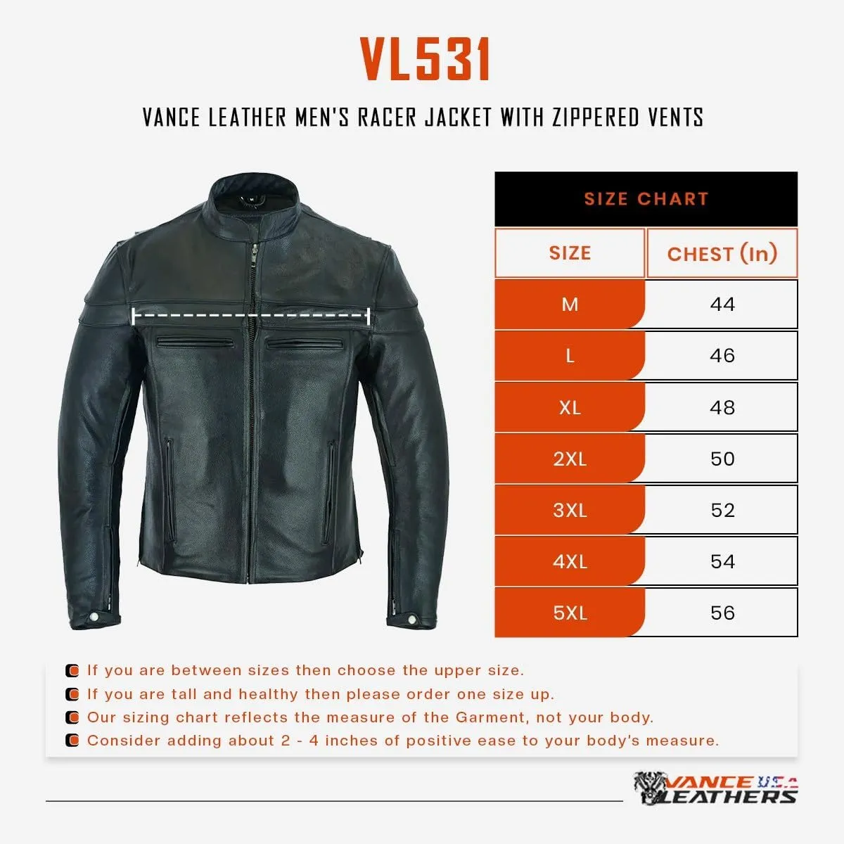 Vance Leather Men's Premium Leather Racer Jacket with Vents