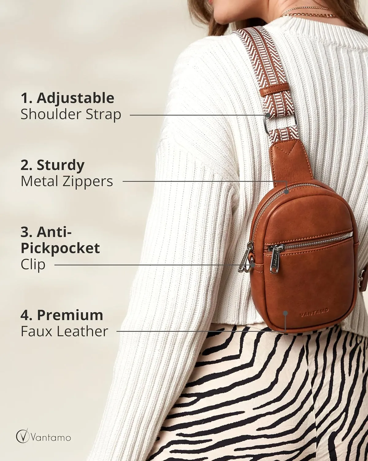 Vantamo Small Crossbody Bags for Women, Sling Bag with RFID & Anti-Pickpocket Clip, Adjustable Strap Cross Body Fanny Packs