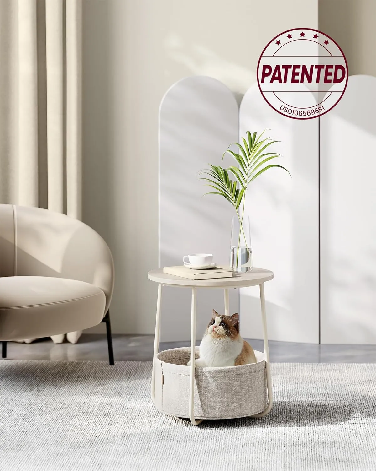 VASAGLE End Table, Small Bedside Table with Fabric Basket, Modern Nightstand, Round Side Table, for Living Room, Bedroom, Cream White ULET223K67