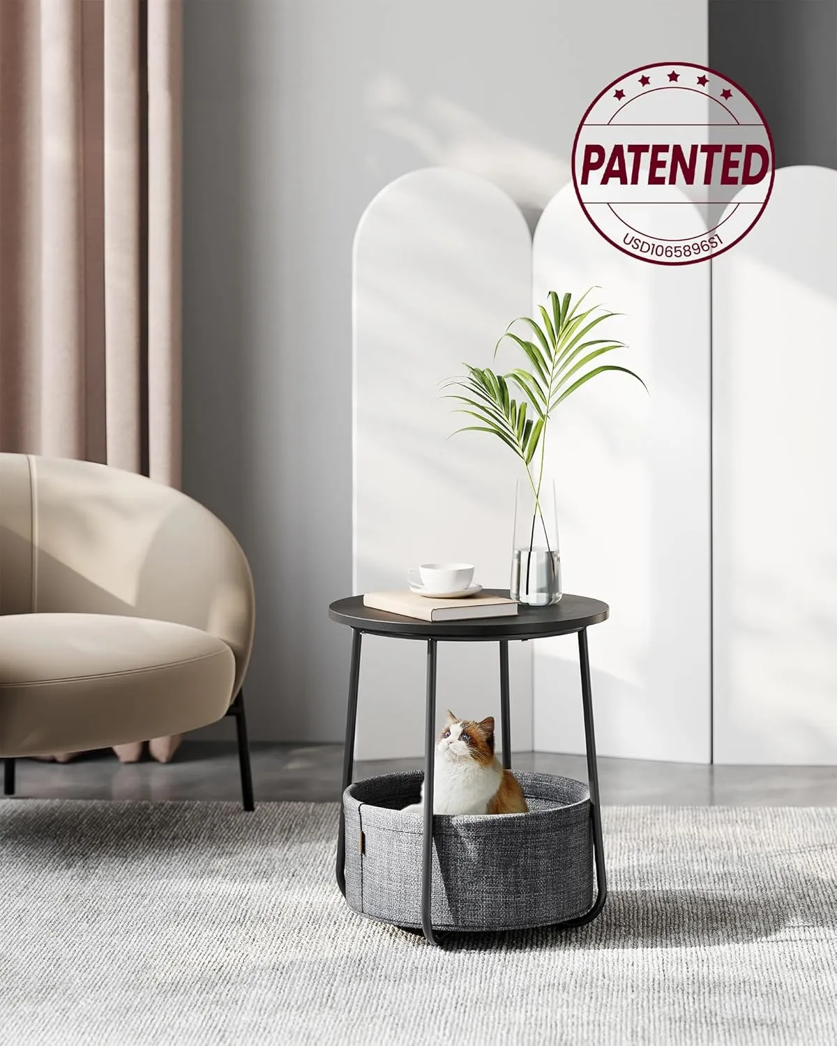 VASAGLE End Table, Small Bedside Table with Fabric Basket, Modern Nightstand, Round Side Table, for Living Room, Bedroom, Ebony Black and Slate Gray ULET223B01