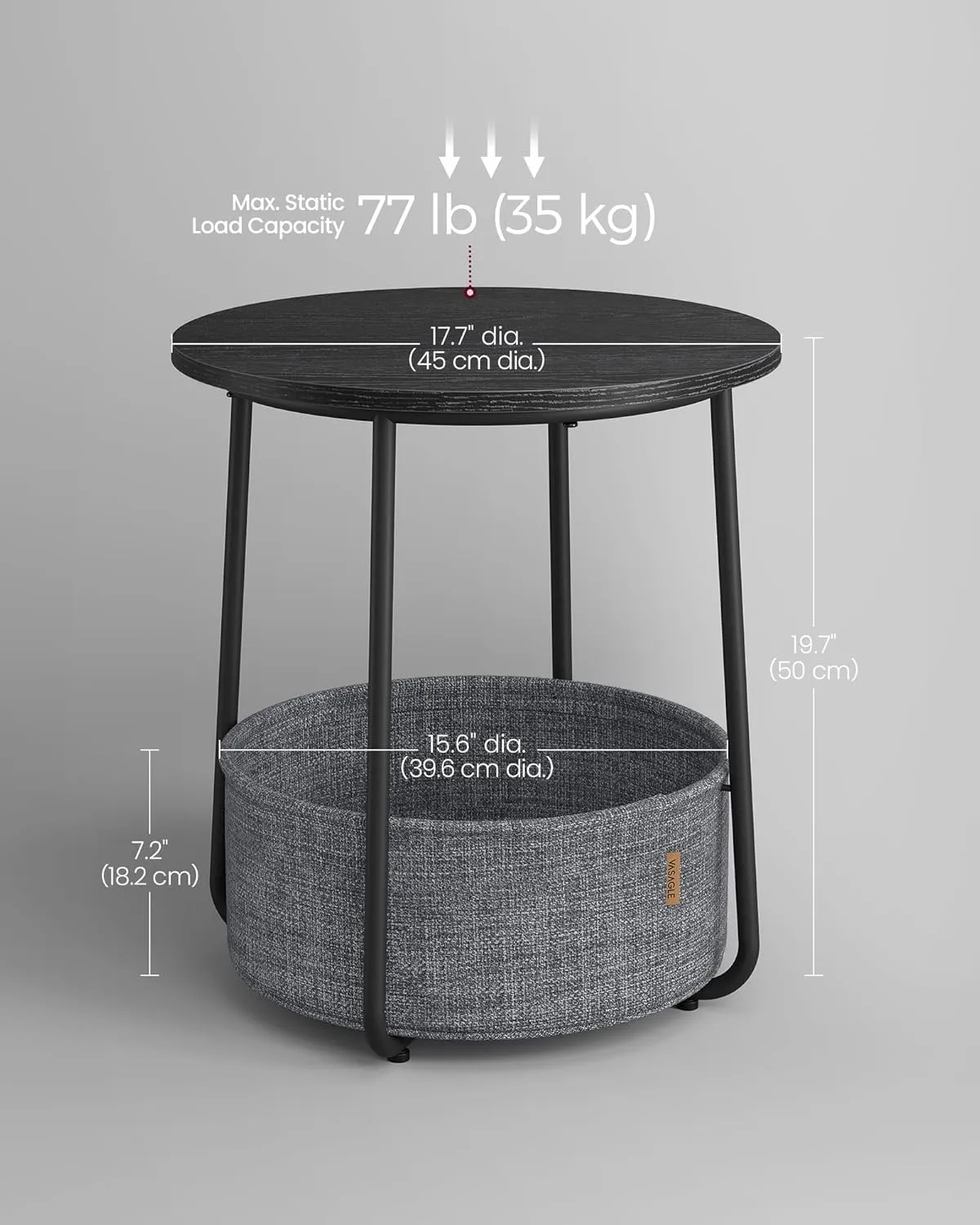 VASAGLE End Table, Small Bedside Table with Fabric Basket, Modern Nightstand, Round Side Table, for Living Room, Bedroom, Ebony Black and Slate Gray ULET223B01