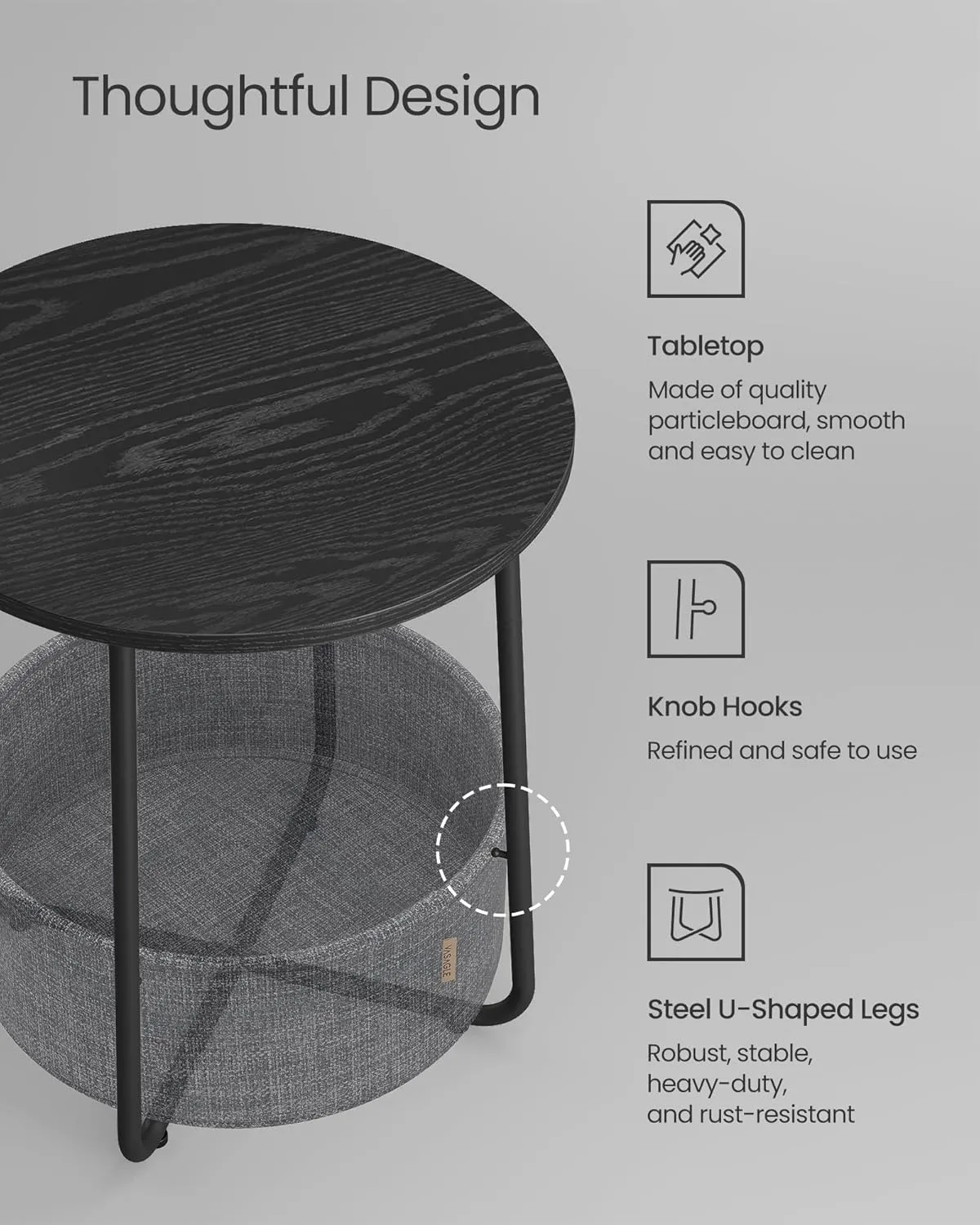VASAGLE End Table, Small Bedside Table with Fabric Basket, Modern Nightstand, Round Side Table, for Living Room, Bedroom, Ebony Black and Slate Gray ULET223B01