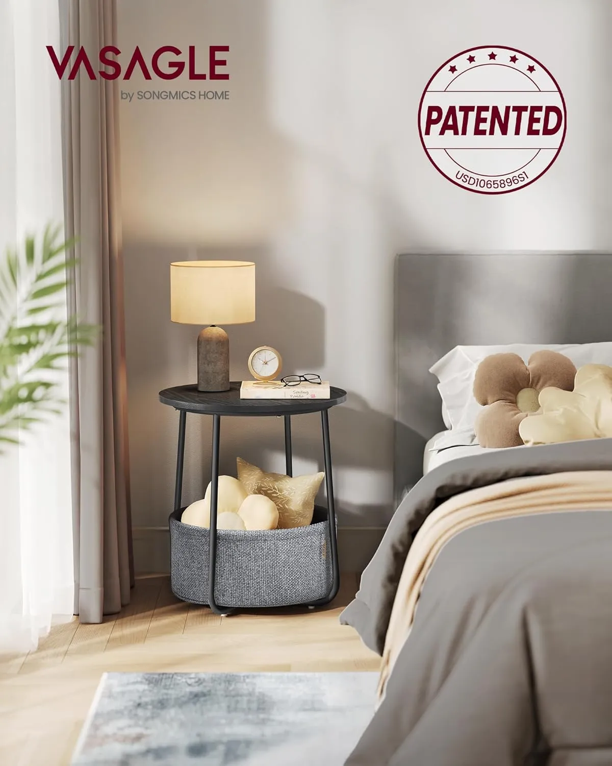 VASAGLE End Table, Small Bedside Table with Fabric Basket, Modern Nightstand, Round Side Table, for Living Room, Bedroom, Ebony Black and Slate Gray ULET223B01