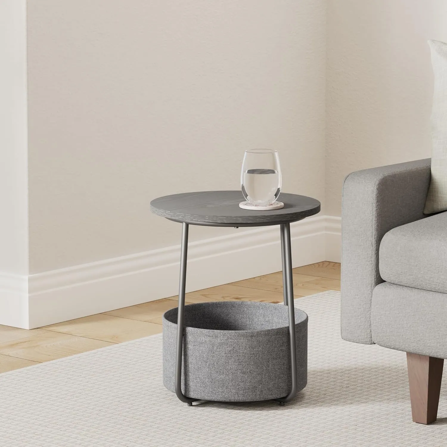 VASAGLE End Table, Small Bedside Table with Fabric Basket, Modern Nightstand, Round Side Table, for Living Room, Bedroom, Ebony Black and Slate Gray ULET223B01