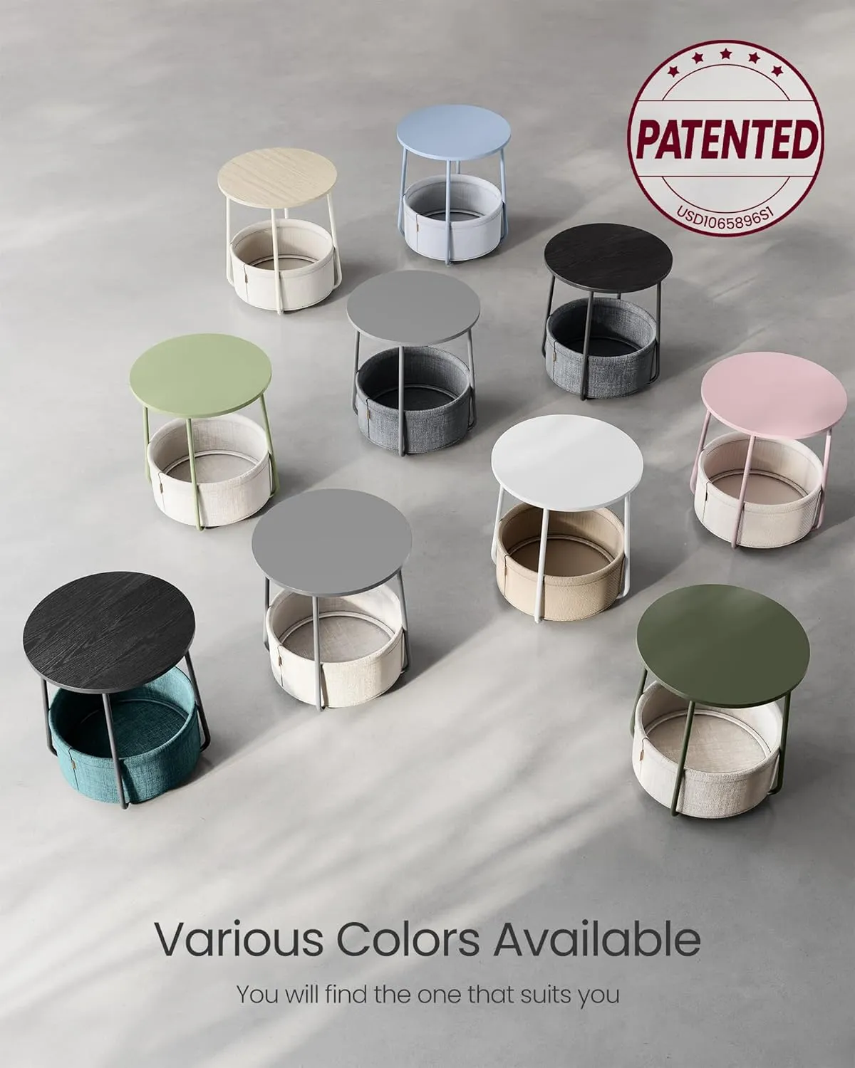 VASAGLE End Table, Small Bedside Table with Fabric Basket, Modern Nightstand, Round Side Table, for Living Room, Bedroom, Ebony Black and Slate Gray ULET223B01