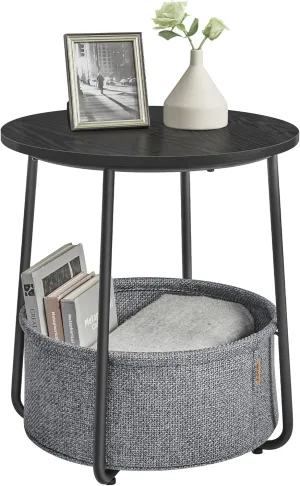 VASAGLE End Table, Small Bedside Table with Fabric Basket, Modern Nightstand, Round Side Table, for Living Room, Bedroom, Ebony Black and Slate Gray ULET223B01