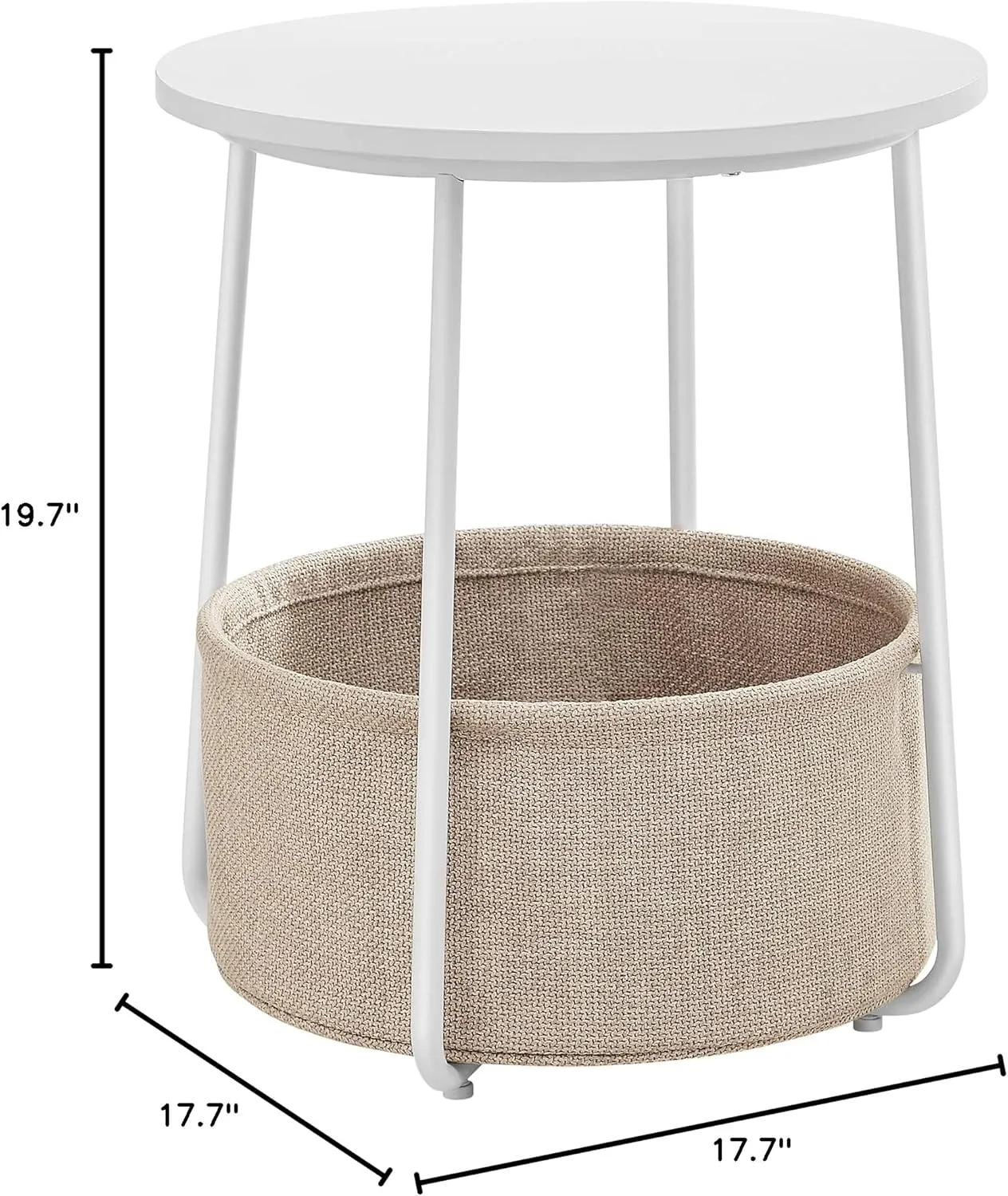 VASAGLE End Table, Small Bedside Table with Fabric Basket, Modern Nightstand, Round Side Table, for Living Room, Bedroom, Matte White and Camel Brown ULET223W10