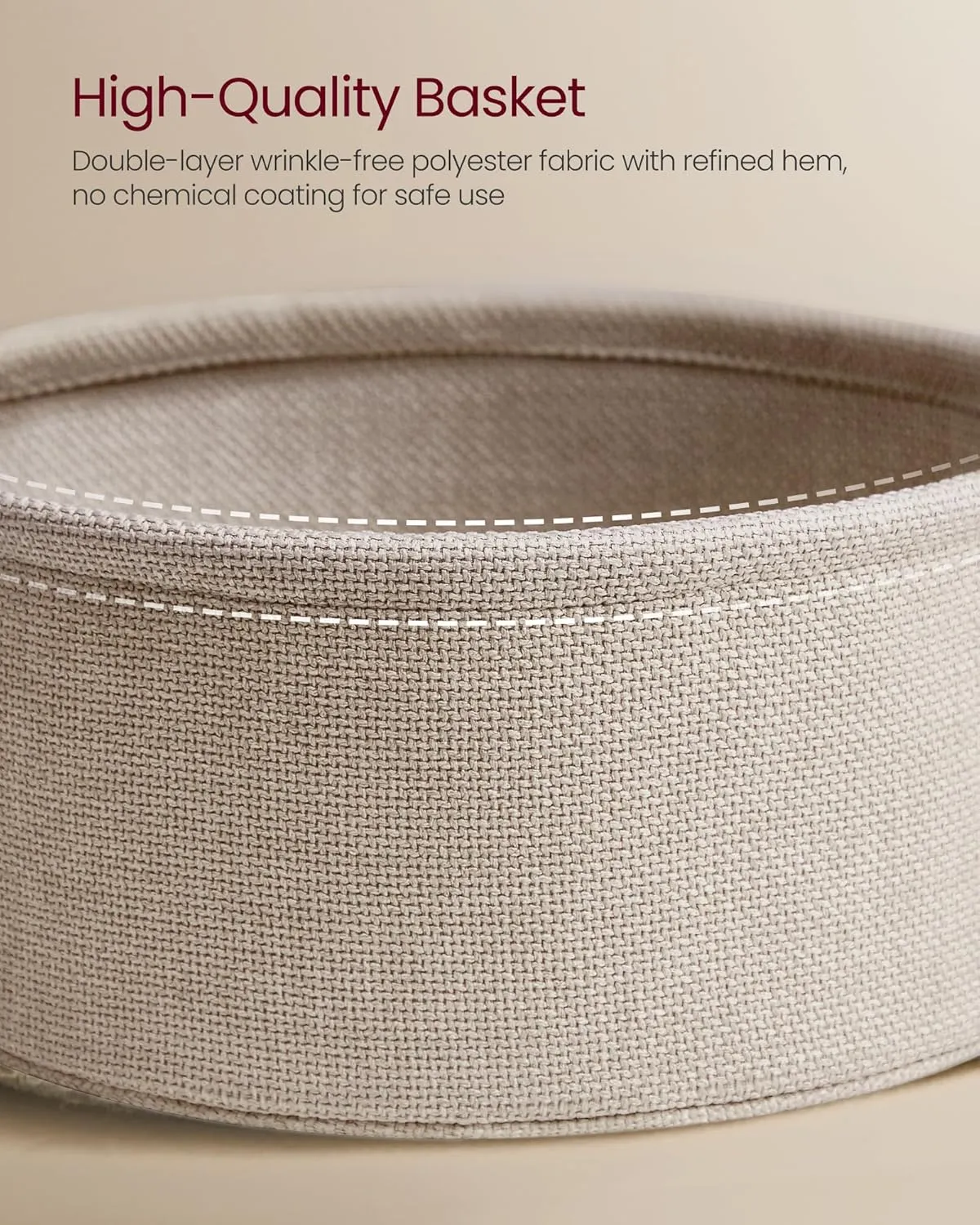 VASAGLE End Table, Small Bedside Table with Fabric Basket, Modern Nightstand, Round Side Table, for Living Room, Bedroom, Matte White and Camel Brown ULET223W10