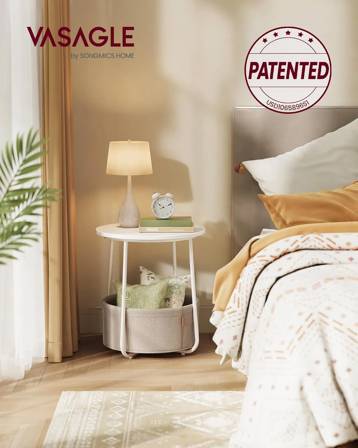 VASAGLE End Table, Small Bedside Table with Fabric Basket, Modern Nightstand, Round Side Table, for Living Room, Bedroom, Matte White and Camel Brown ULET223W10