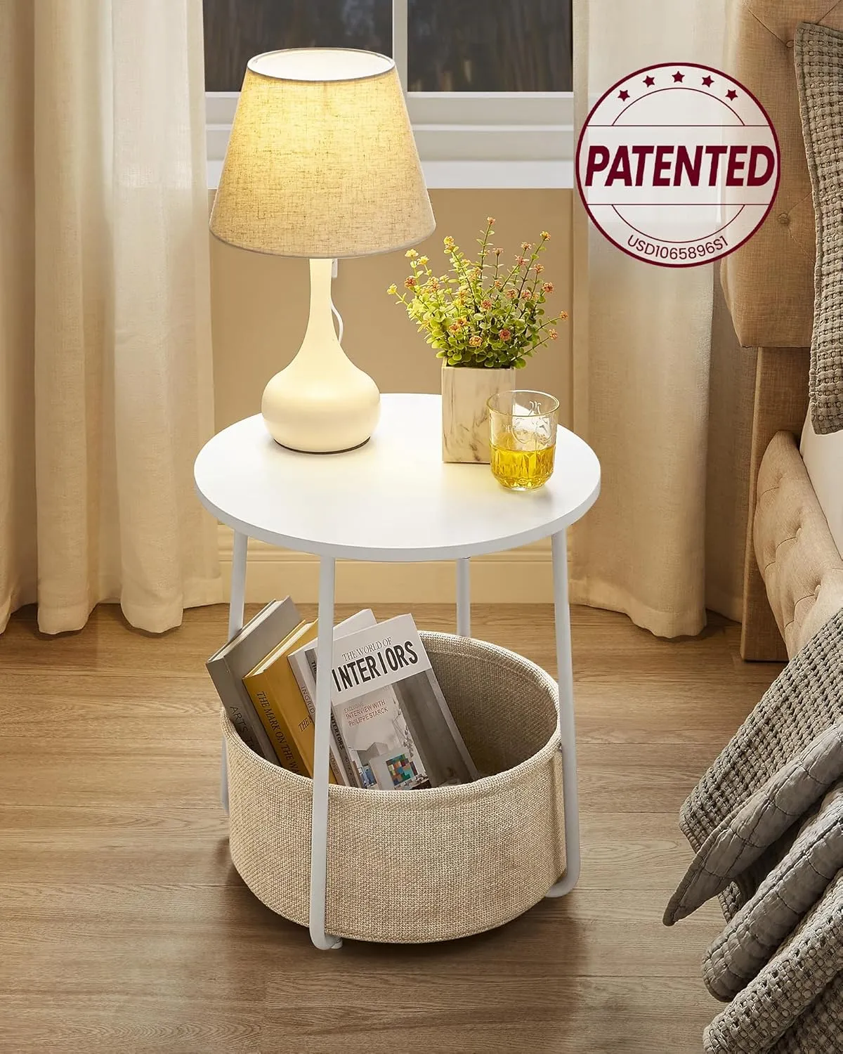 VASAGLE End Table, Small Bedside Table with Fabric Basket, Modern Nightstand, Round Side Table, for Living Room, Bedroom, Matte White and Camel Brown ULET223W10