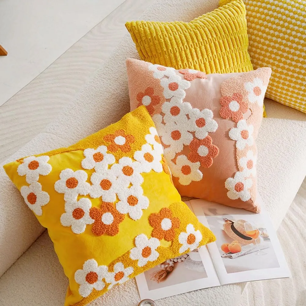 vctops Spring Floral Tufted Decorative Throw Pillow Covers Cute Flower Square Pillow Cases Soft Velvet Couch Cushion Cover for Chair Sofa Bedroom Living Room Home Decor (Yellow,18"x18")
