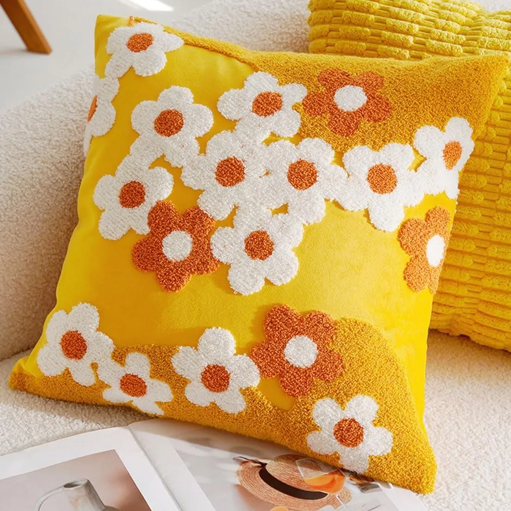 vctops Spring Floral Tufted Decorative Throw Pillow Covers Cute Flower Square Pillow Cases Soft Velvet Couch Cushion Cover for Chair Sofa Bedroom Living Room Home Decor (Yellow,18"x18")
