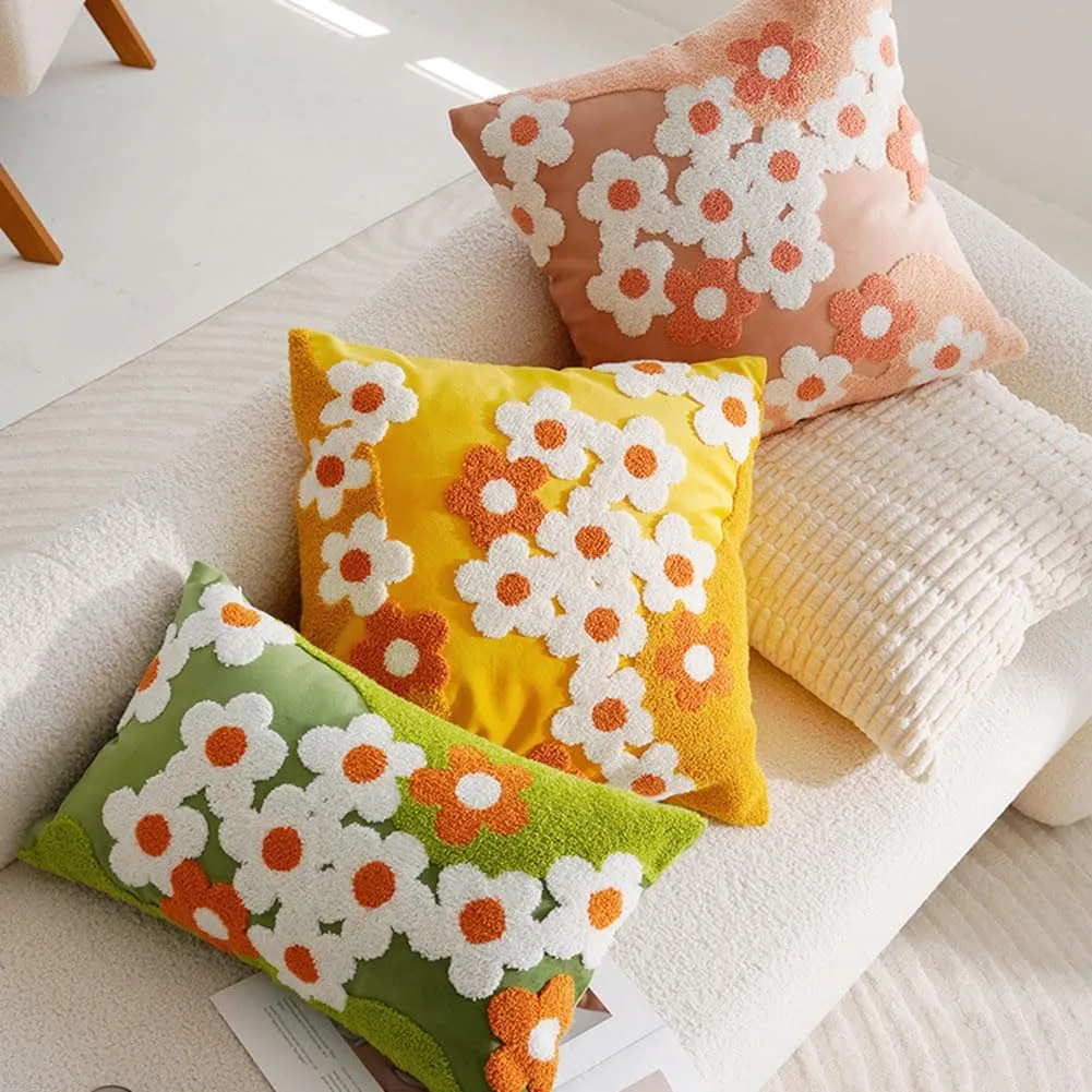 vctops Spring Floral Tufted Decorative Throw Pillow Covers Cute Flower Square Pillow Cases Soft Velvet Couch Cushion Cover for Chair Sofa Bedroom Living Room Home Decor (Yellow,18"x18")