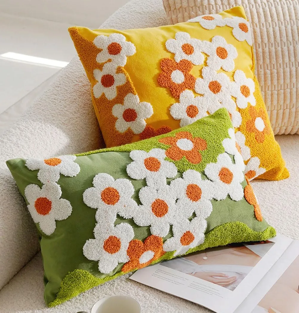 vctops Spring Floral Tufted Decorative Throw Pillow Covers Cute Flower Square Pillow Cases Soft Velvet Couch Cushion Cover for Chair Sofa Bedroom Living Room Home Decor (Yellow,18"x18")