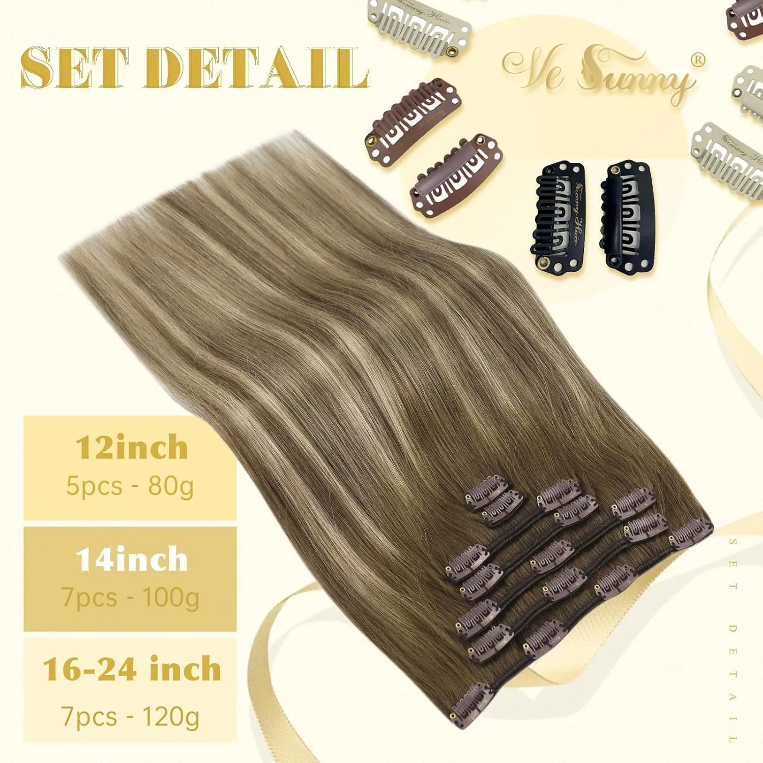 Ve Sunny Clip in Hair Extensions 22inch Real Hair Clip in Extensions Ombre Human Hair Extensions Clip ins Dark Brown to Light Brown with Blonde Balayage Winter Clip on Hair Extensions 120g 7pcs