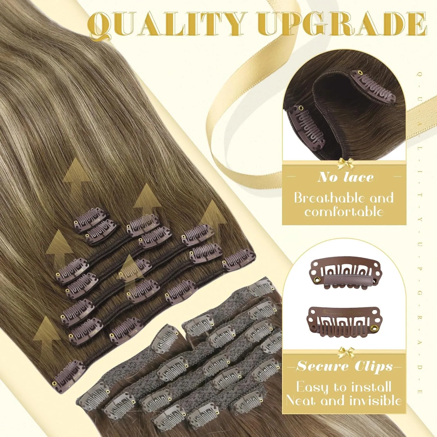 Ve Sunny Clip in Hair Extensions 22inch Real Hair Clip in Extensions Ombre Human Hair Extensions Clip ins Dark Brown to Light Brown with Blonde Balayage Winter Clip on Hair Extensions 120g 7pcs