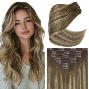 Ve Sunny Clip in Hair Extensions 22inch Real Hair Clip in Extensions Ombre Human Hair Extensions Clip ins Dark Brown to Light Brown with Blonde Balayage Winter Clip on Hair Extensions 120g 7pcs