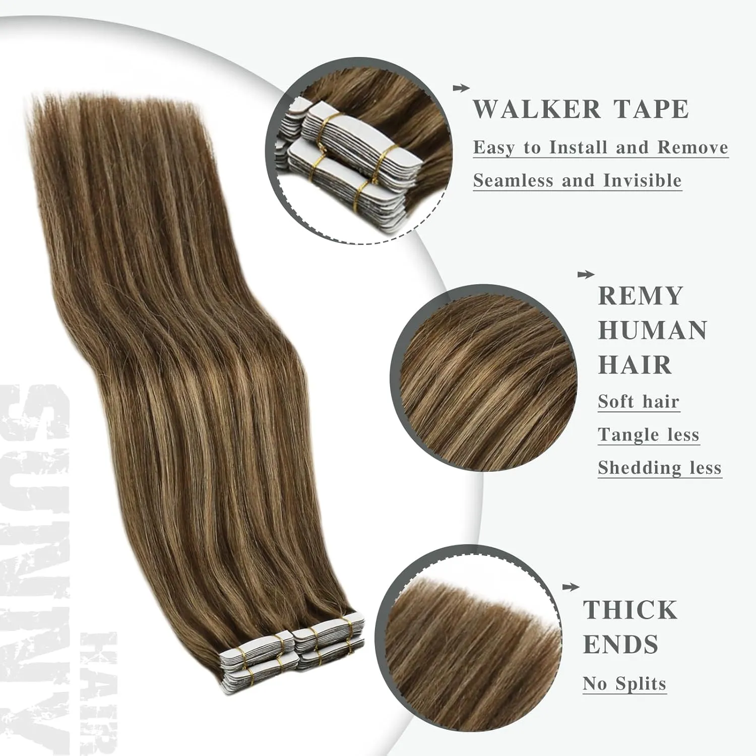 Ve Sunny Tape in Real Human Hair Extensions Invisible Hair Extensions Remy Tape in Extensions for Women Dark Brown Highlight Caramel Blonde 12 inch 20Pcs