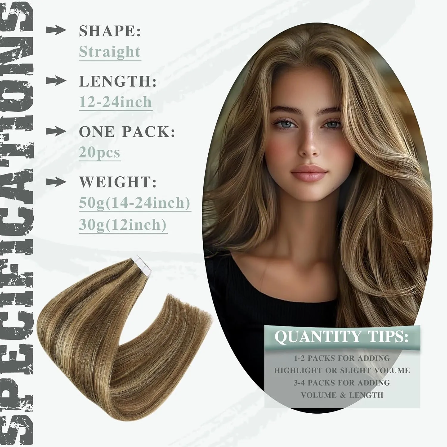 Ve Sunny Tape in Real Human Hair Extensions Invisible Hair Extensions Remy Tape in Extensions for Women Dark Brown Highlight Caramel Blonde 12 inch 20Pcs