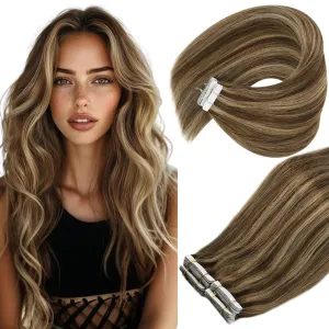 Ve Sunny Tape in Real Human Hair Extensions Invisible Hair Extensions Remy Tape in Extensions for Women Dark Brown Highlight Caramel Blonde 12 inch 20Pcs