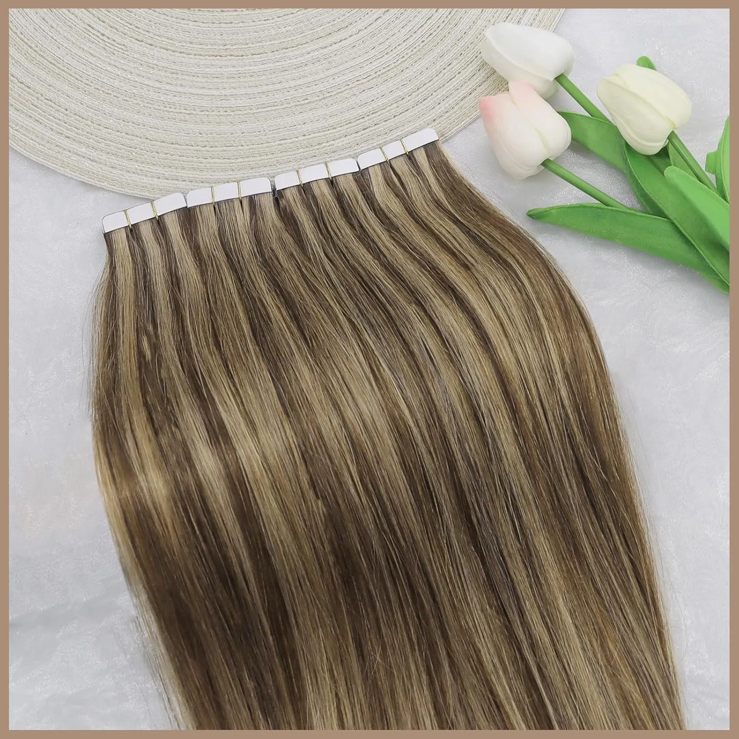 Ve Sunny Tape in Real Human Hair Extensions Invisible Hair Extensions Remy Tape in Extensions for Women Dark Brown Highlight Caramel Blonde 12 inch 20Pcs