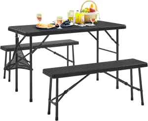 VECELO 4 Foot Folding Picnic Table and 2 Benches Set, Outdoor HDPE Faux Rattan Tabletop with Protable Mesh Bag for Dining Camping Picnic, Matte & Black