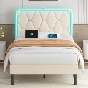 VECELO Upholstered Twin Bed Frame with Headboard Adjustable, Velvet Platform Bed with LED Lights, Charging Station, Mattress Foundation with Wooden Slats, Noise Free, No Box Spring Needed, Beige