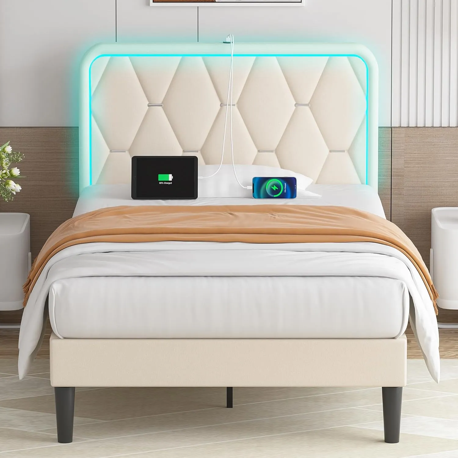 VECELO Upholstered Twin Bed Frame with Headboard Adjustable, Velvet Platform Bed with LED Lights, Charging Station, Mattress Foundation with Wooden Slats, Noise Free, No Box Spring Needed, Beige