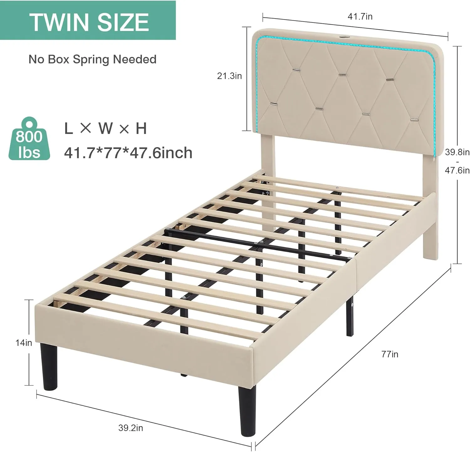 VECELO Upholstered Twin Bed Frame with Headboard Adjustable, Velvet Platform Bed with LED Lights, Charging Station, Mattress Foundation with Wooden Slats, Noise Free, No Box Spring Needed, Beige