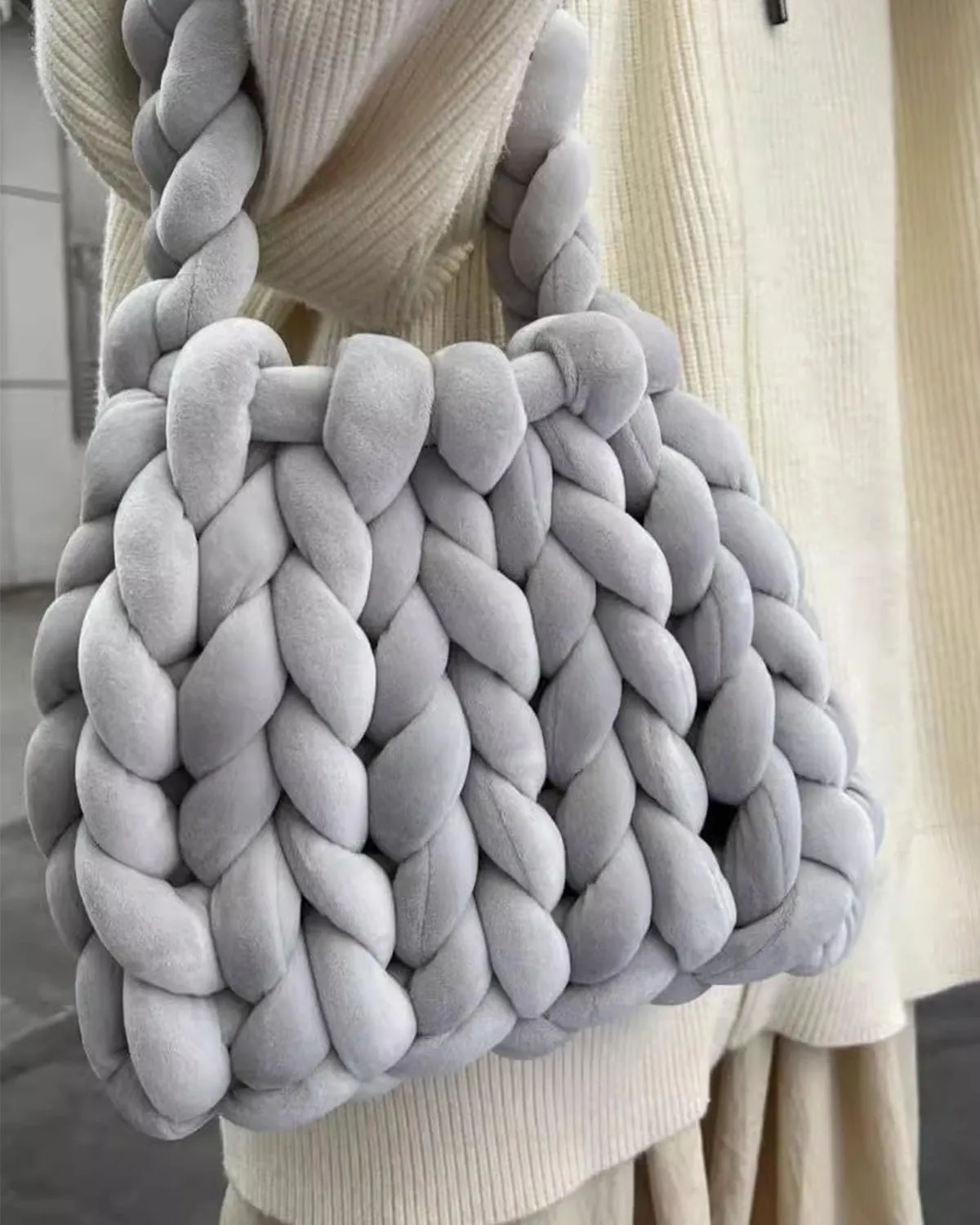 Velvet Chunky Giant Arm Knitting Yarn, Super Soft Tubular Jumbo Weight, DIY Crochet Hand Knitting Thick Yarn for Blanket, Pet Bed, Rugs, Pillow, Handbag (2.2lb, Light Gray)