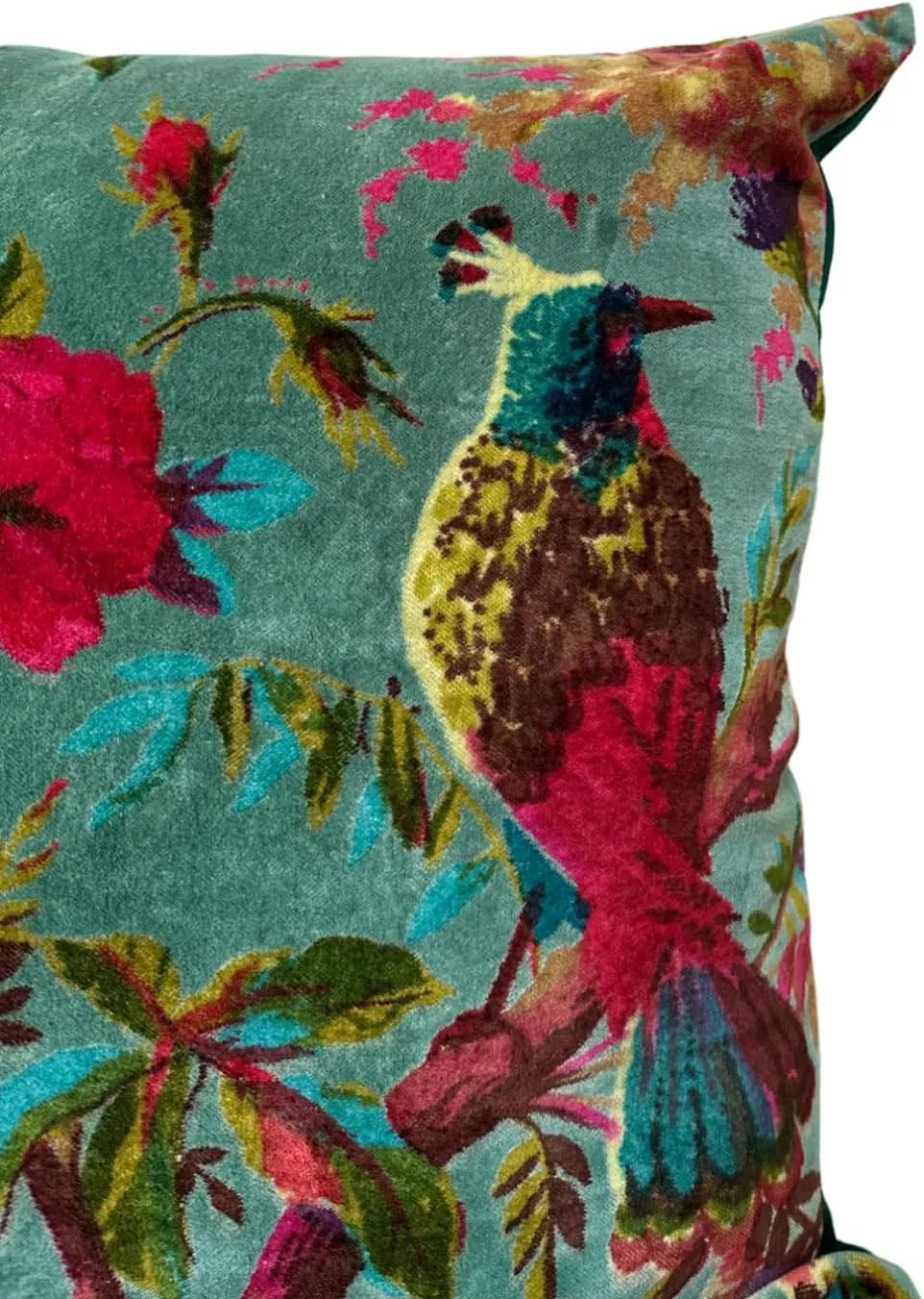 Velvet Floral Bird Print Throw Pillow Sofa Cushion Cover Case | Couch Bohemian Accent | Colorful Boho Chic Indian Handmade Cover Only (Green, 24"X24")