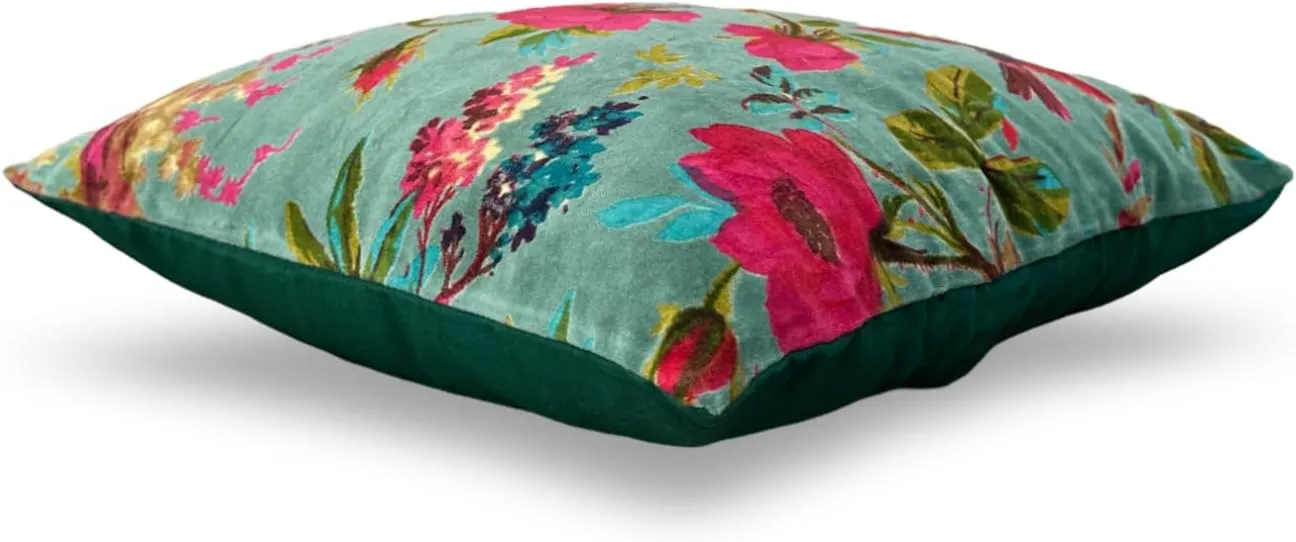 Velvet Floral Bird Print Throw Pillow Sofa Cushion Cover Case | Couch Bohemian Accent | Colorful Boho Chic Indian Handmade Cover Only (Green, 24"X24")