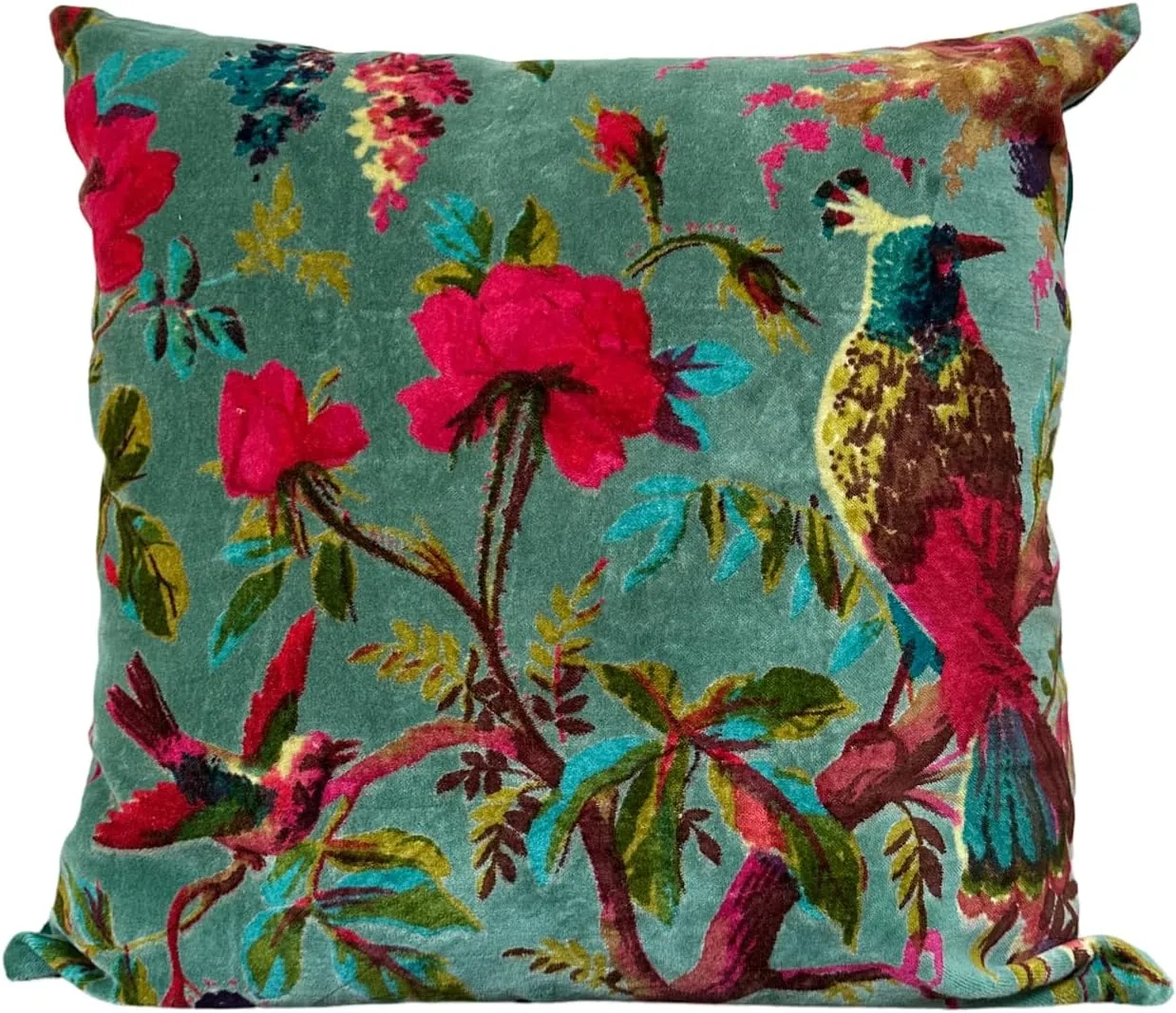 Velvet Floral Bird Print Throw Pillow Sofa Cushion Cover Case | Couch Bohemian Accent | Colorful Boho Chic Indian Handmade Cover Only (Green, 24"X24")