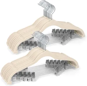 Velvet Pants Hangers 20 Pack with Adjustable Clips, Space-Saving Slim Felt Clothes Hangers, Heavy Duty & Non-Slip Flocked Hangers for Pants, Skirts, Dresses and Jeans(Beige)