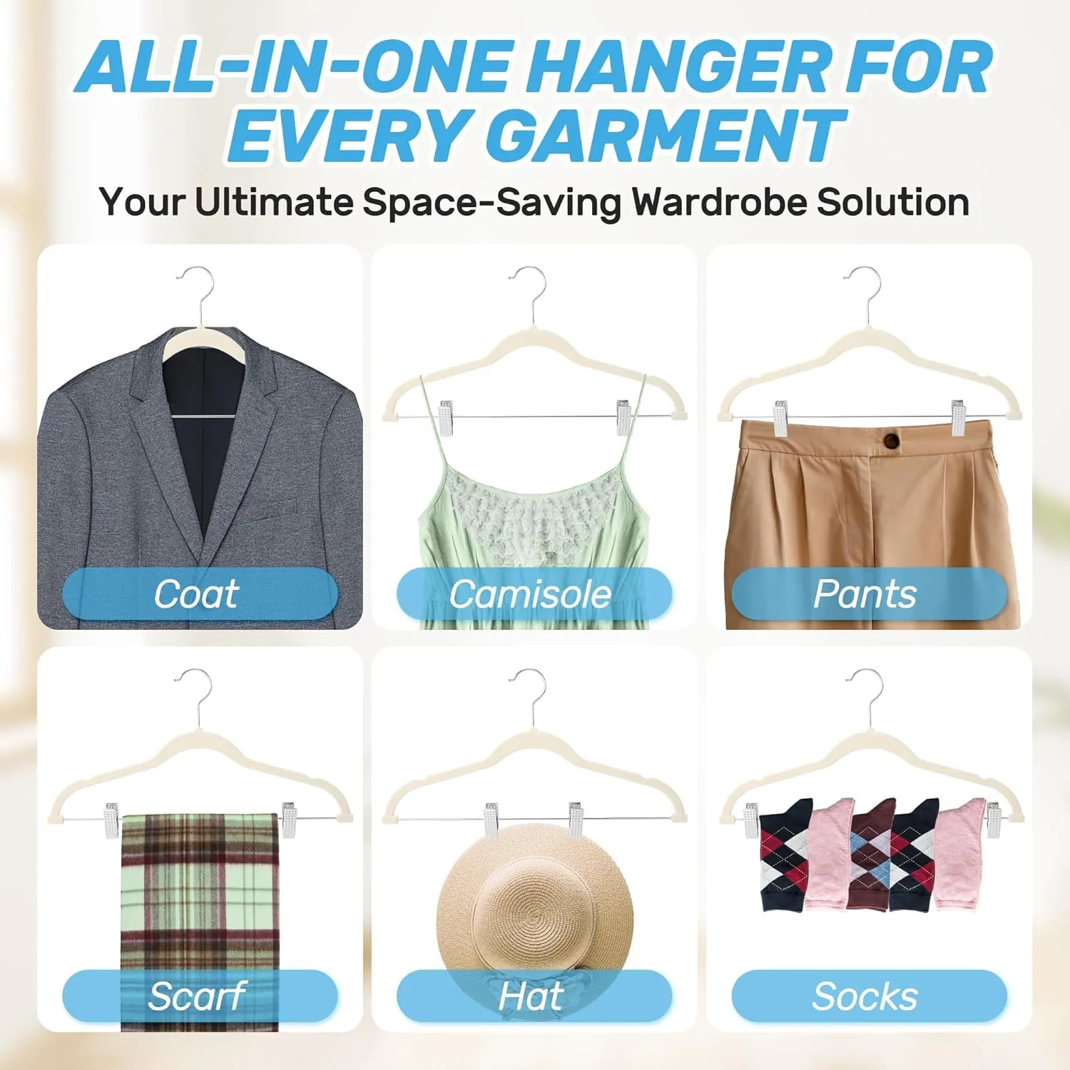 Velvet Pants Hangers 20 Pack with Adjustable Clips, Space-Saving Slim Felt Clothes Hangers, Heavy Duty & Non-Slip Flocked Hangers for Pants, Skirts, Dresses and Jeans(Beige)