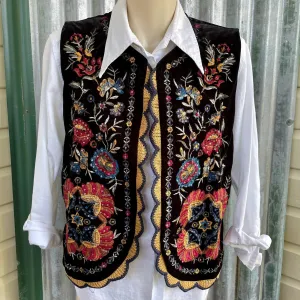 Velvet Vest Black Floral Embroidery Gypsy Boho Womens Unisex Waistcoat Sz M - New